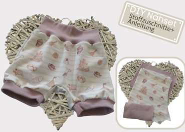 Preview: Stoffzuschnitte DIY Nähset Kurze Baby Pumphose nähen Jersey Strandkinder plus Bündchen altrosa Geschenk Baby Preview: Stoffzuschnitte DIY Nähset Kurze Baby Pumphose nähen Jersey Strandkinder plus Bündchen altrosa Geschenk Baby